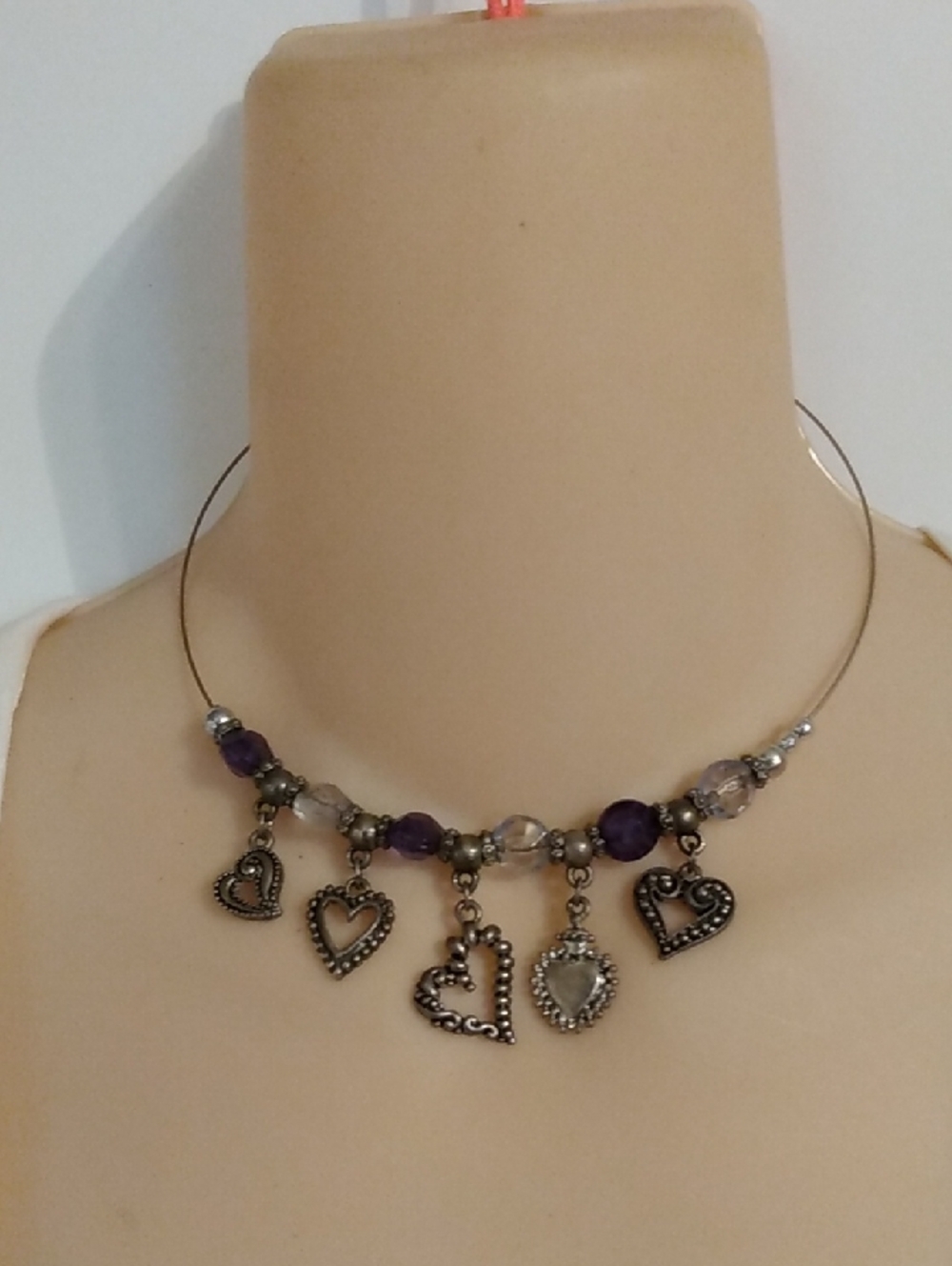 Vtg Y2K Hearts Faux Amethyst Wire Choker Necklace